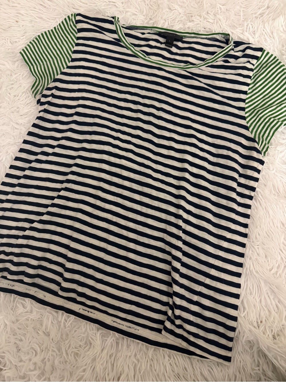 J.Crew L 100% Cotton Navy Green Striped Short Sleeve Top